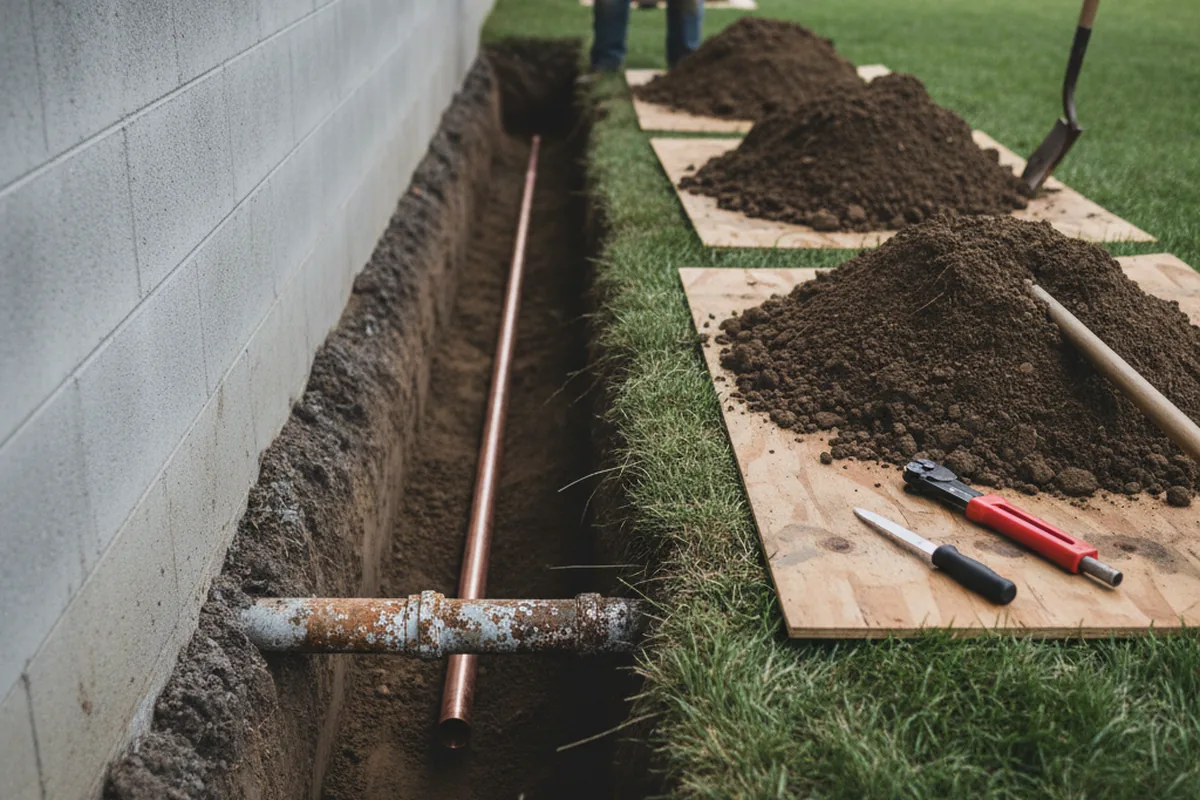 Excavated water line trench during Water Heater Repair in Maple Park